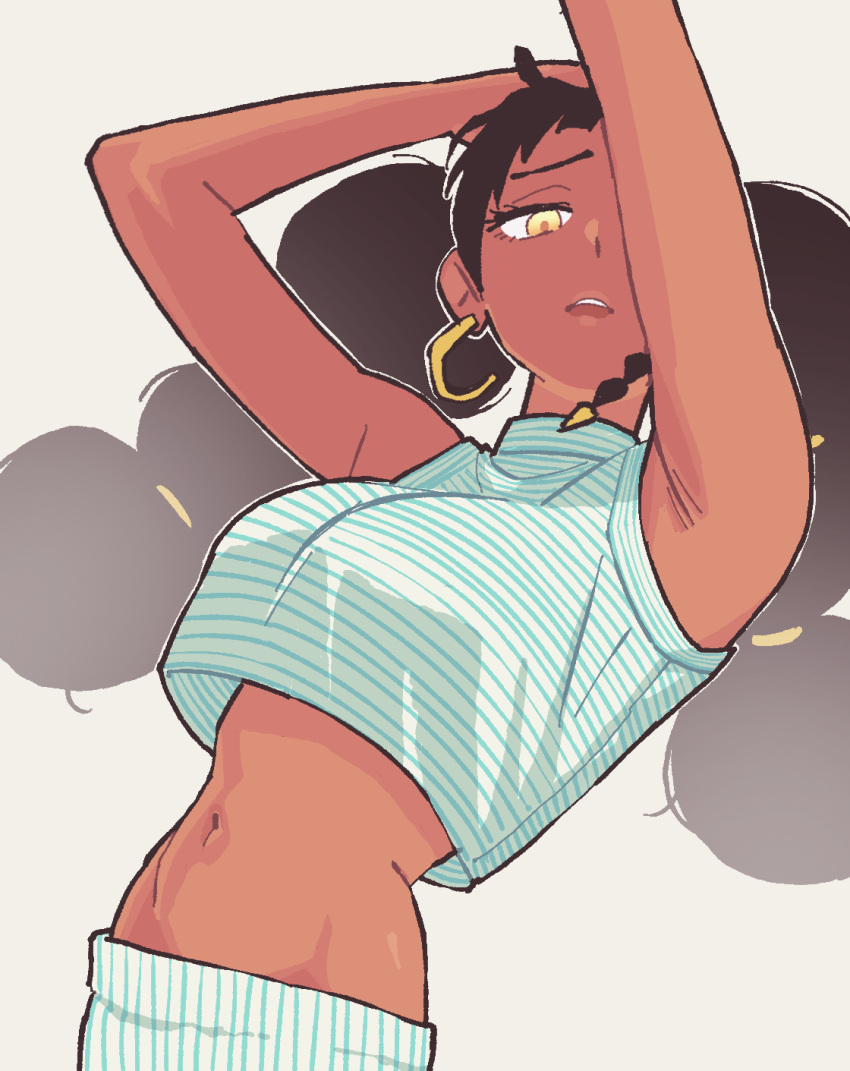 1girl, afro_puffs, black_hair, commentary, dark-skinned_female, dark_skin, desscaras, earrings