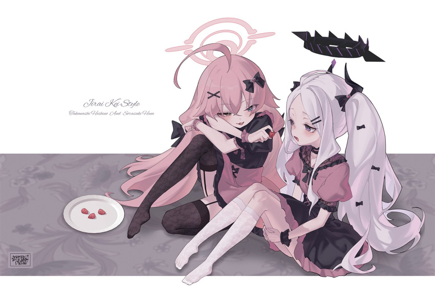 2girls, ahoge, alternate_costume, black_bow, black_bowtie, black_halo, black_horns, black_shirt