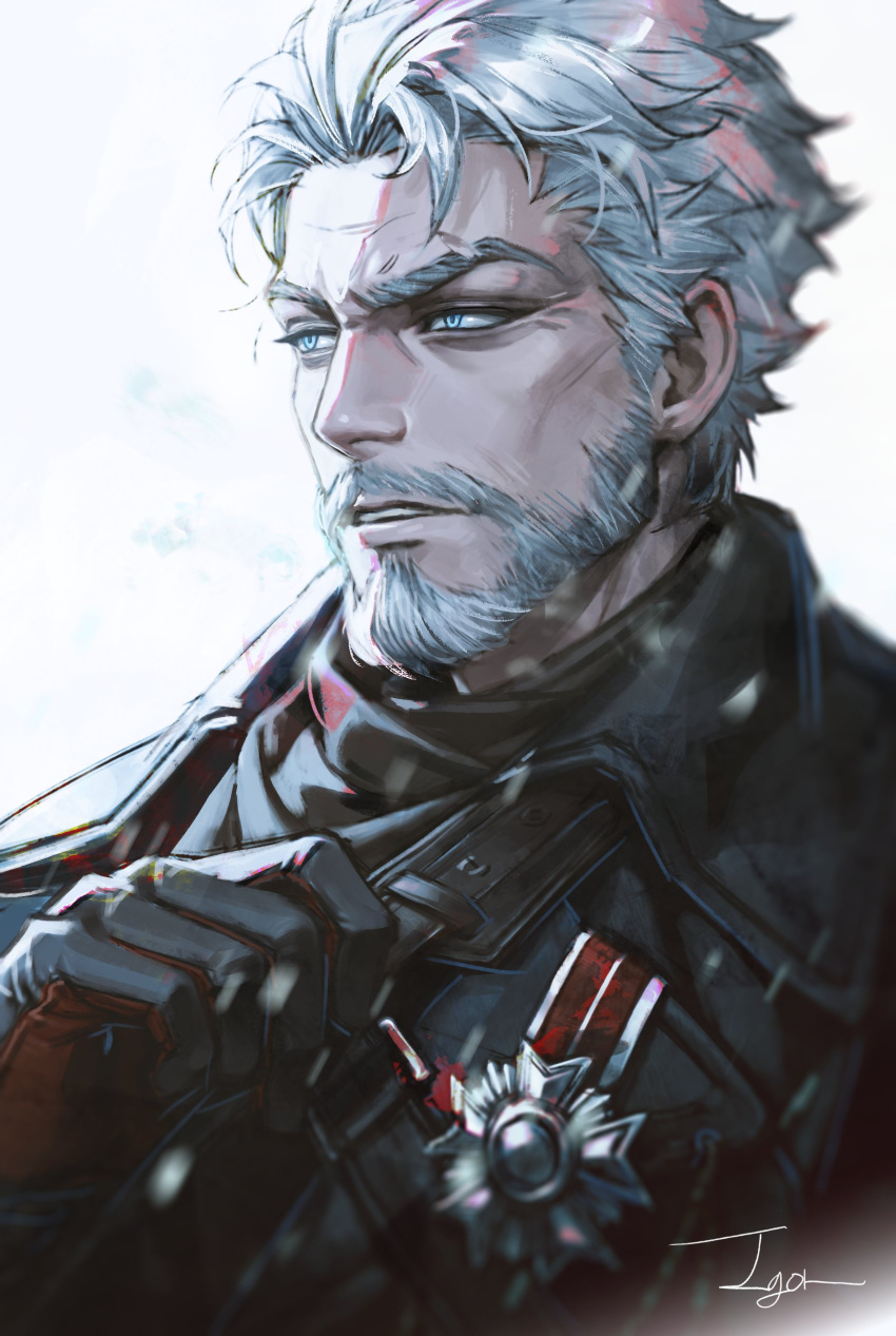 1boy, absurdres, badge, beard, black_gloves, black_jacket, blue_eyes, brown_scarf