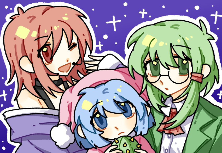 3girls, bai_he, black_choker, blue_background, blue_hair, cactus, choker, commentary_request