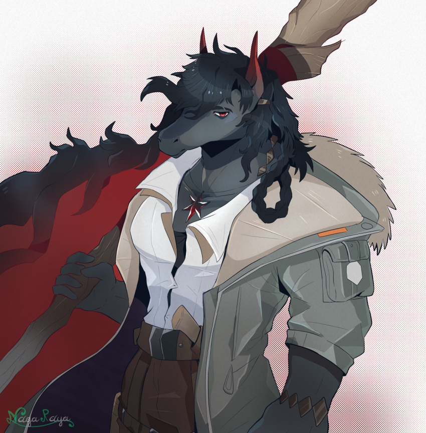 1boy, andenate_maryam_(arknights), animal_ears, arknights, artist_name, braid, brown_pants, closed_mouth, commentary, english_commentary, furry, furry_male, grey_jacket, highres, holding, holding_stick, horse_boy, horse_ears, jacket, jewelry, looking_at_viewer, male_focus, multicolored_hair, muscular, muscular_male, naga_rajaf, necklace, pants, pectorals, red_eyes, shirt, stick, white_shirt