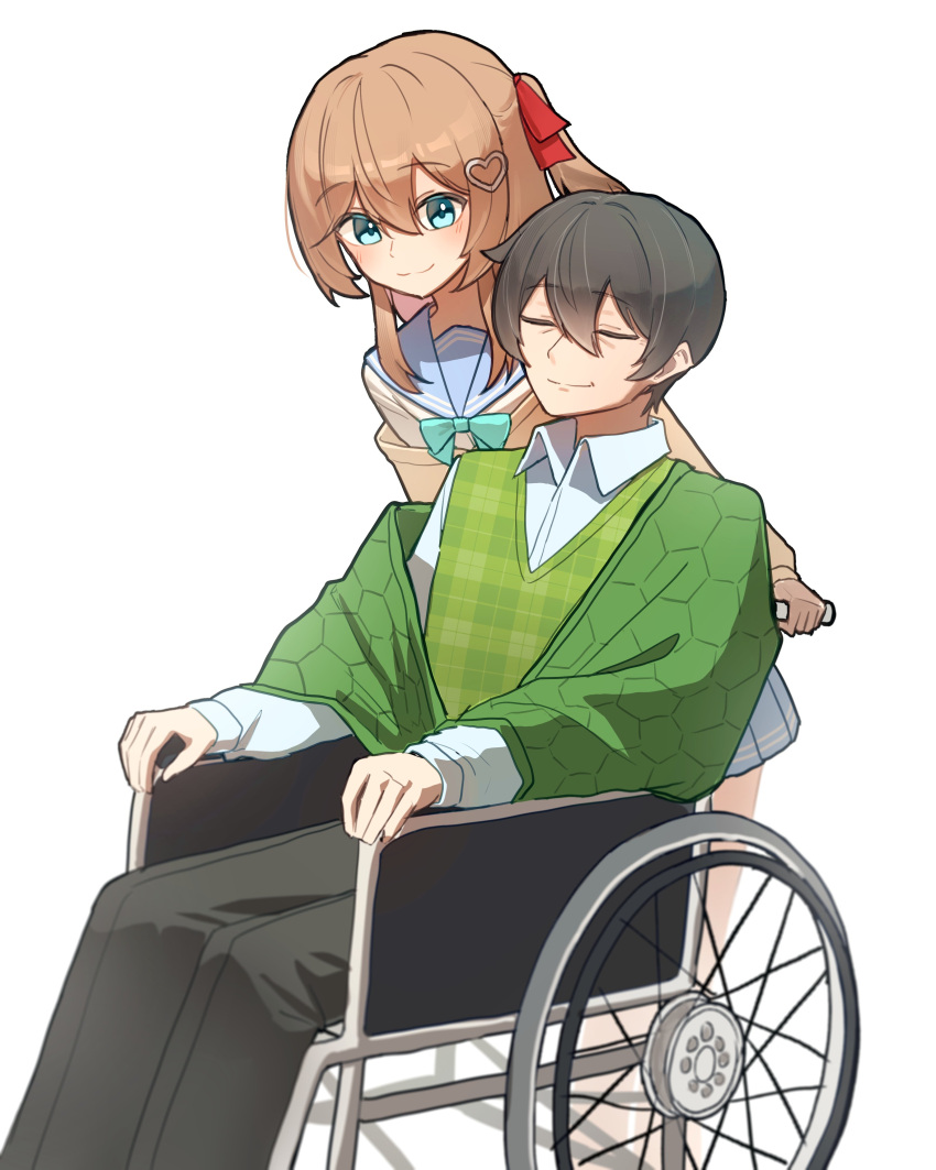 1boy, 1girl, absurdres, aged_up, aqua_bow, aqua_bowtie, black_hair, black_pants