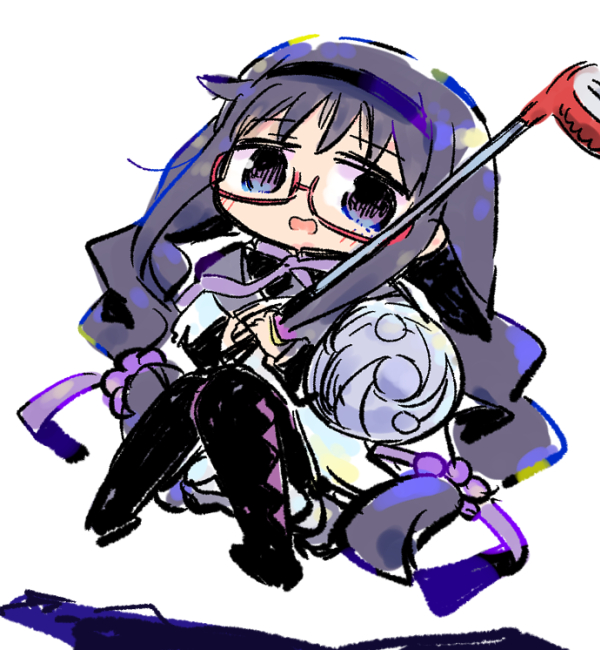 1girl, akemi_homura, black_hair, black_pantyhose, blush, braid, buckler, chibi