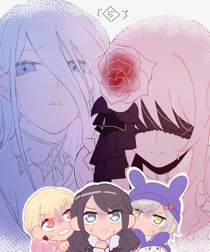 1other, 4girls, ^^^, akiyama_mizuki, animal_hat, black_coat, blindfold, blonde_hair, bloom_festival_(project_sekai), blue_hat, coat, colorful_festival_(project_sekai), commentary_request, covered_eyes, dress, flower, fur-trimmed_coat, fur_trim, gameplay_mechanics, gradient_hair, green_eyes, grey_eyes, grey_hair, hair_flower, hair_ornament, hat, hinomori_shiho, hoshino_ichika_(project_sekai), keikyoku_no_machi_wa_doko_e_(project_sekai), kroan2539, long_hair, majiwaru_senritsu_tomoru_nukumori_(project_sekai), multicolored_hair, multiple_girls, nervous_sweating, official_alternate_costume, official_alternate_hair_length, official_alternate_hairstyle, pink_hair, project_sekai, rabbit_hat, short_hair, sweat, tears, tenma_saki, turn_pale, v-shaped_eyebrows, white_dress, white_hair, yoisaki_kanade