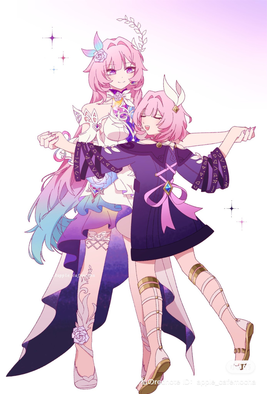 2girls, apple_cafemocha, aqua_hair, bare_shoulders, breasts, coat, cyrene_(aedes_elysiae)_(honkai:_star_rail), cyrene_(honkai:_star_rail), cyrene_(ripples_of_past_reverie)_(honkai:_star_rail), dancing, diamond-shaped_pupils, diamond_(shape), dress, dual_persona, flower, full_body, hair_flower, hair_ornament, hashtag-only_commentary, high_heels, highres, honkai:_star_rail, honkai_(series), large_breasts, long_hair, multicolored_hair, multiple_girls, pink_hair, purple_coat, sandals, short_hair, simple_background, smile, symbol-shaped_pupils, two-tone_hair, very_long_hair, violet_eyes, white_background, white_dress