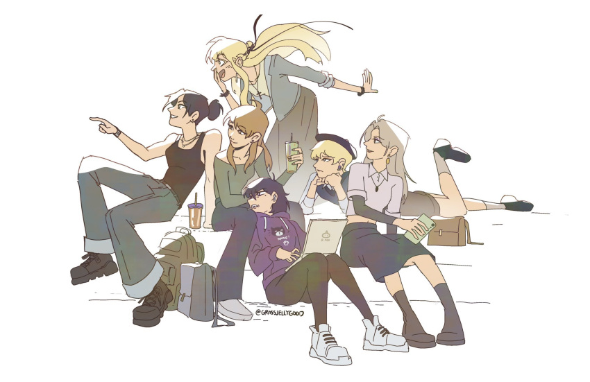 6+girls, :d, backpack, bag, black_hair, black_skirt, computer, drink