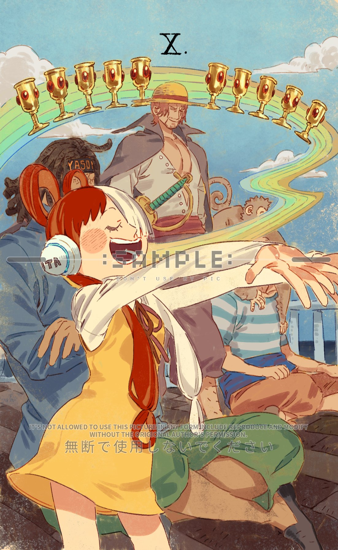 1girl, 3boys, aged_down, animal, beard, bonk_punch, child, commentary, cup, dress, facial_hair, hair_over_one_eye, hat, headphones, highres, indian_style, monkey, monster_(one_piece), multiple_boys, music, one_piece, one_piece_film:_red, outstretched_arms, red_hair, roman_numeral, sample_watermark, scar, scar_on_face, shanks_(one_piece), singing, sitting, siyangou49, smile, straw_hat, tarot, twintails, uta_(one_piece), watermark, white_hair, yasopp, yellow_dress