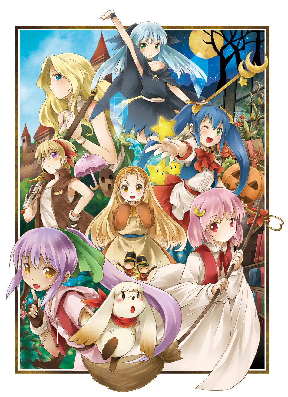 alisa_(kaerunyo_panyon), animal_ears, annotated, apron, arietta_(kaerunyo_panyon), arm_up, bad_id, blonde_hair, blue_eyes, blue_hair, blush, bow, broom, brown_eyes, character_request, creature, crescent_moon, crystal, cyarott, doll, dress, eren, everyone, fingerless_gloves, flower, gloves, green_eyes, hair_ornament, hair_ribbon, hairband, hairpin, hand_on_hip, highres, kaerunyo_panyon, long_hair, michii_yuuki, moon, multiple_girls, panyon, payot, pink_hair, ponytail, purple_eyes, purple_hair, raira_(kaerunyo_panyon), raised_arm, red_eyes, ribbon, short_hair, silver_hair, staff, star, sword, syarm, tree, twintails, vest, water, weapon, windy_(kaerunyo_panyon), yellow_eyes