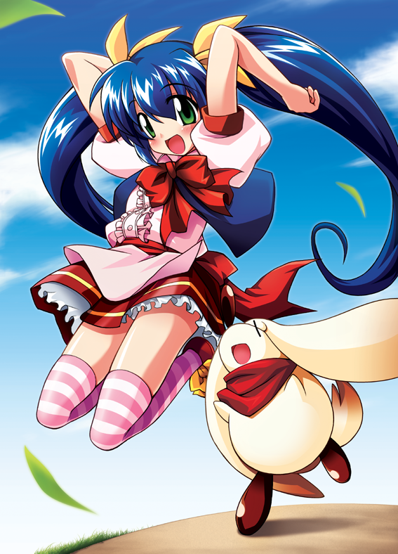 :d, alisa_(kaerunyo_panyon), animal_ears, blue_hair, bow, chirorian, creature, dress