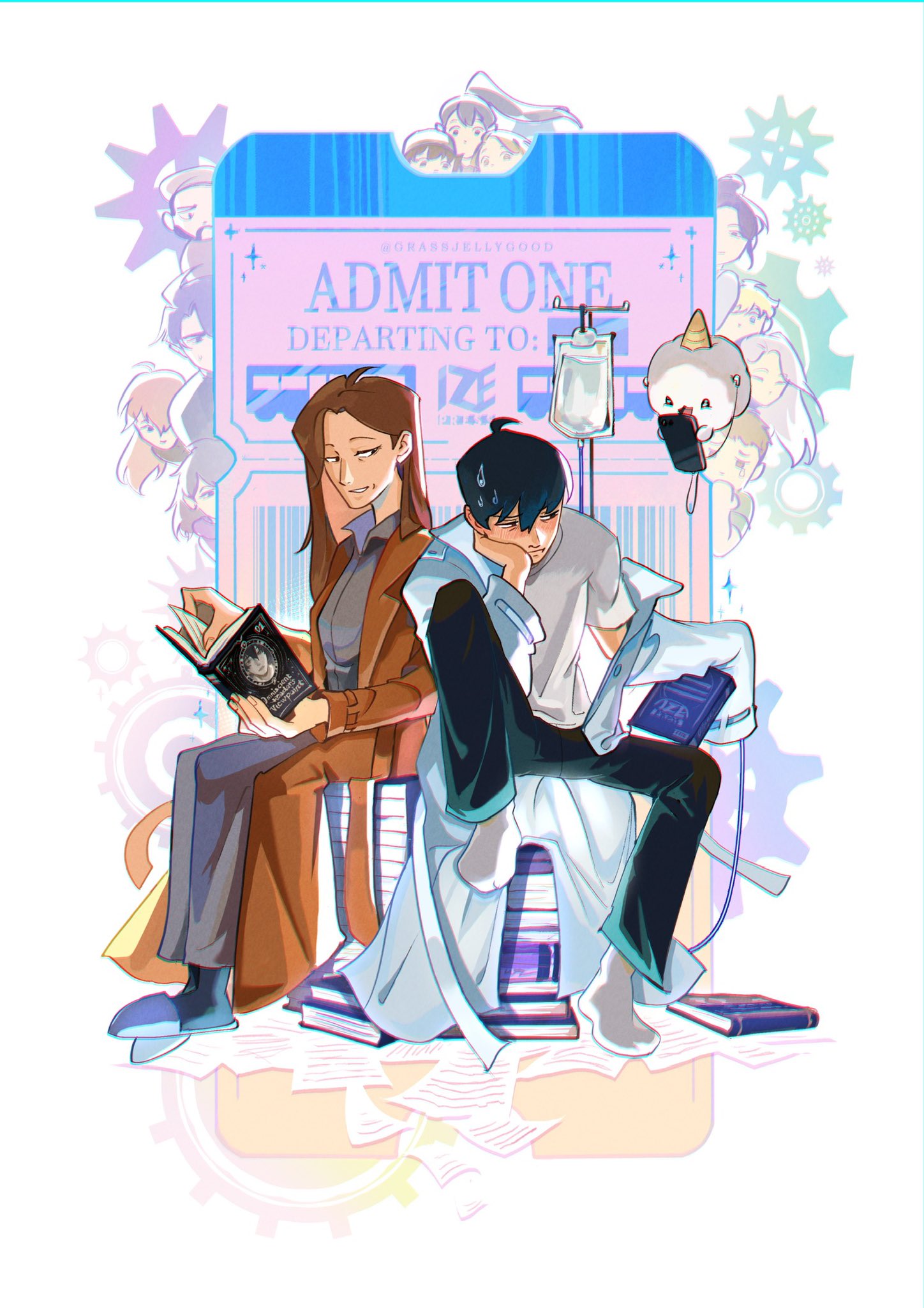 5boys, 6+girls, averting_eyes, biyoo_(omniscient_reader's_viewpoint), black_shirt, blush, book, book_stack, coat, coat_partially_removed, collared_shirt, commentary, earphones, earphones, english_commentary, everyone, full_body, gong_pildu, grassjellyg00d, grin, han_sooyoung, hand_on_own_chin, head_rest, highres, holding, holding_book, intravenous_drip, jung_heewon, kim_dokja, knees_up, lee_gilyoung, lee_hyunsung, lee_jihye, lee_seolhwa, lee_sookyung, mini_person, miniboy, minigirl, mother_and_son, multiple_boys, multiple_girls, official_art_inset, omniscient_reader's_viewpoint, open_book, paper, pout, shin_yoosung, shirt, sitting, slippers, smile, sweatdrop, trench_coat, uriel_(omniscient_reader's_viewpoint), white_coat, white_shirt, yoo_joonghyuk, yoo_sangah
