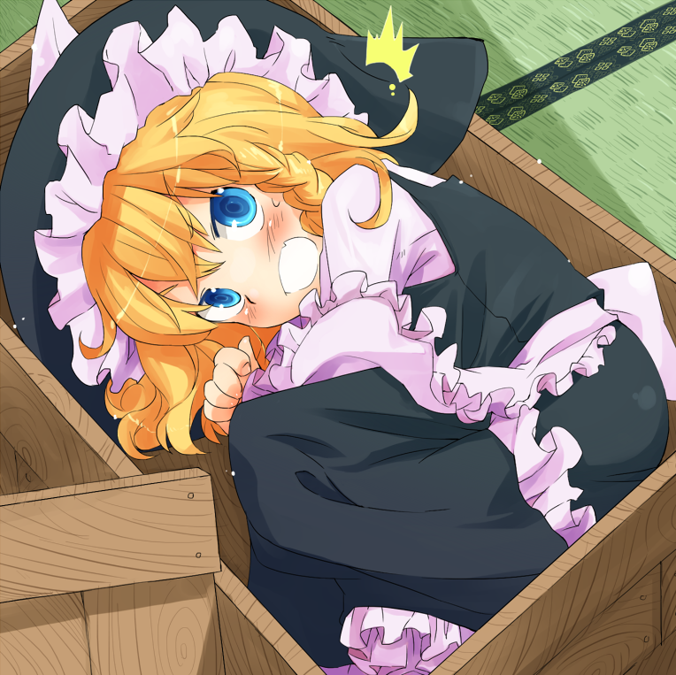 blonde_hair, blue_eyes, box, braid, fang, girl_in_a_box, hat, in_box