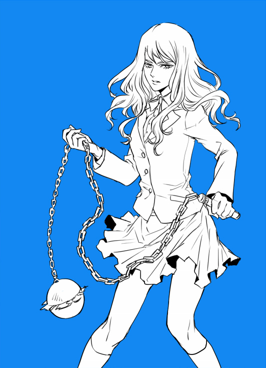 ball_and_chain, chain, cosplay, gogo_yubari, gogo_yubari_(cosplay), karina_lyle, kill_bill, kneehighs, long_hair, monochrome, parody, pleated_skirt, school_uniform, simple_background, skirt, solo, tiger_&amp;_bunny, ymsr