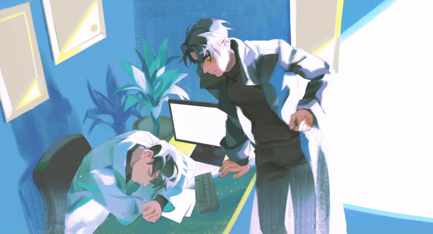 2boys, black_hair, chair, computer, computer_keyboard, crossed_arms, drop_shadow, from_above, head_down, highres, kim_dokja, leaning_to_the_side, looking_at_another, multiple_boys, nemomosso, office_chair, omniscient_reader's_viewpoint, plant, potted_plant, short_hair, sidelighting, sleeping, sleeping_on_desk, swivel_chair, yoo_joonghyuk