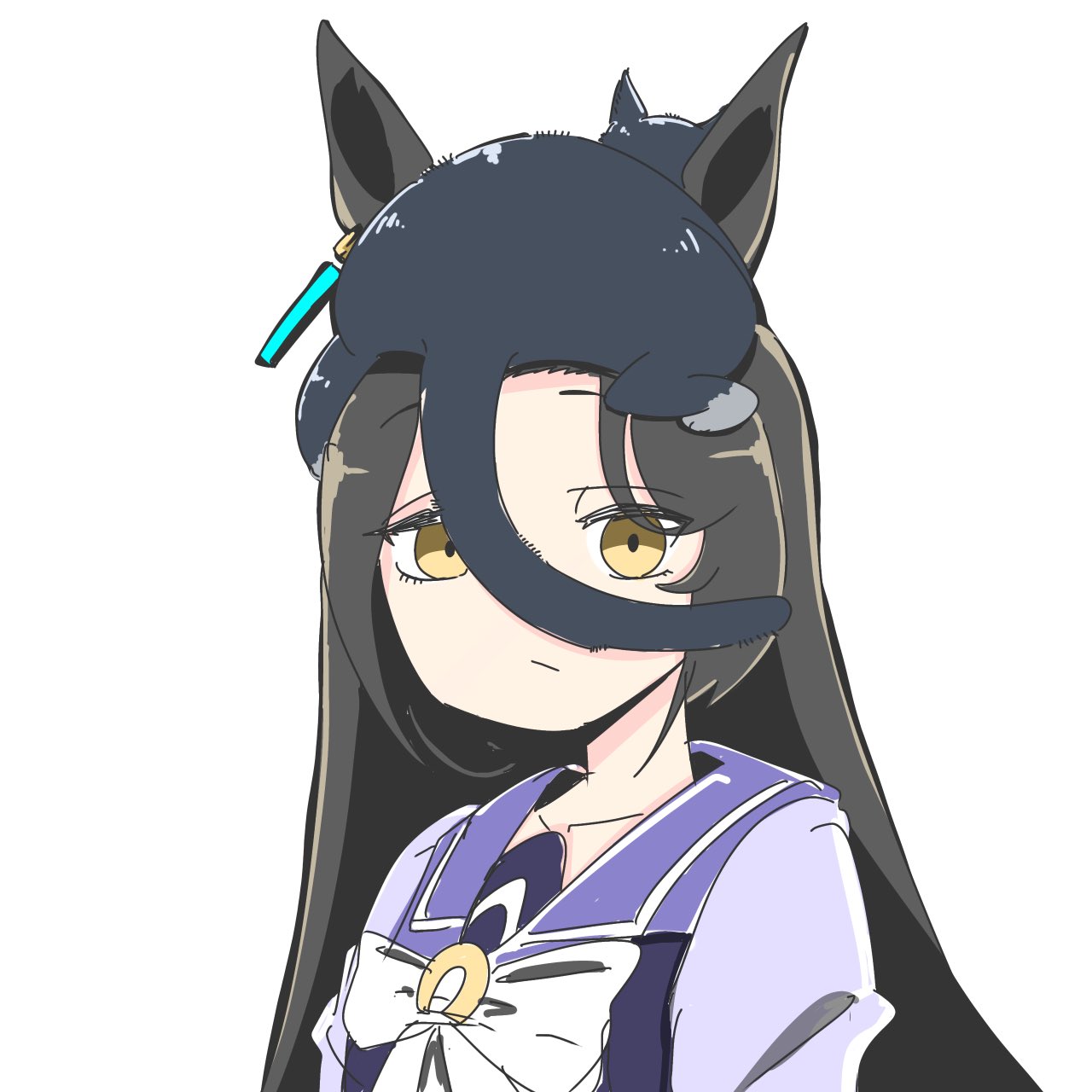 1girl, animal_ears, animal_on_head, bow, bowtie, cat, cat_on_head, closed_mouth, collarbone, ear_tag, earrings, highres, horse_ears, horse_girl, jewelry, long_hair, long_sleeves, looking_at_viewer, manhattan_cafe_(umamusume), on_head, otomodachi_(kuriuni0), photo-referenced, purple_sailor_collar, purple_serafuku, purple_shirt, sailor_collar, sailor_shirt, school_uniform, serafuku, shirt, simple_background, tracen_school_uniform, umamusume, upper_body, white_background, white_bow, white_bowtie, yellow_eyes
