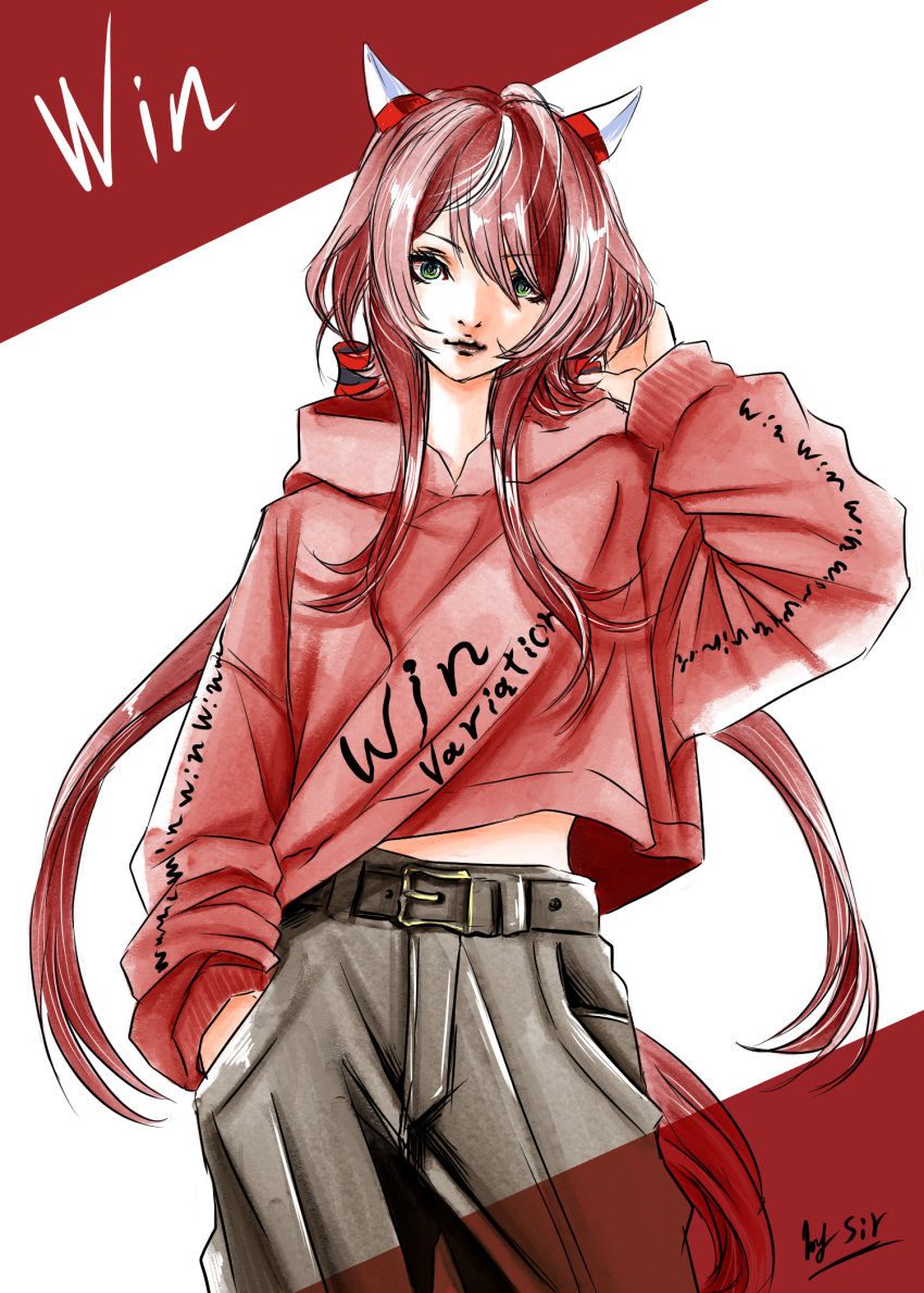 1girl, animal_ears, arm_behind_head, belt, black_belt, black_pants, breasts, closed_mouth, commentary_request, ear_covers, green_eyes, hair_between_eyes, hand_in_pocket, highres, hood, hoodie, horse_ears, horse_girl, horse_tail, long_hair, looking_at_viewer, low_twintails, pants, red_hair, red_hoodie, siro1822403, small_breasts, solo, tail, twintails, umamusume, win_variation_(umamusume)