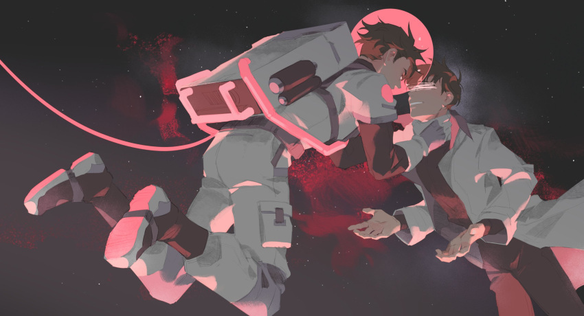 2boys, astronaut, black_hair, censored, censored_identity, floating, glowing, hand_on_another's_neck