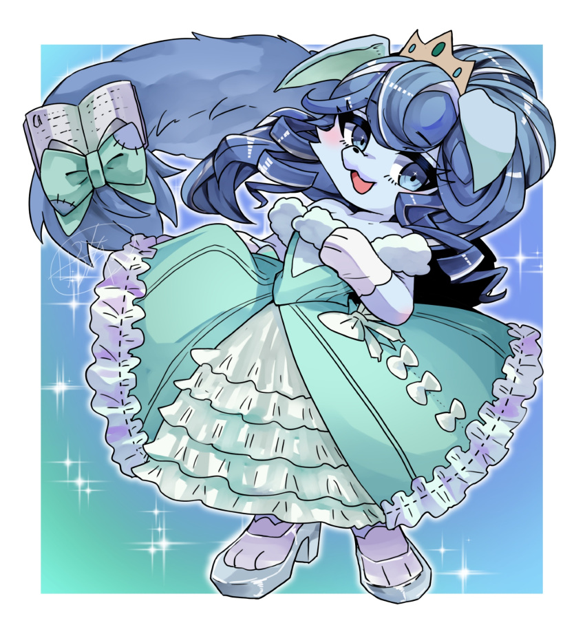 1girl, bare_shoulders, block_heels, blue_eyes, blue_hair, border, bow, commentary_request