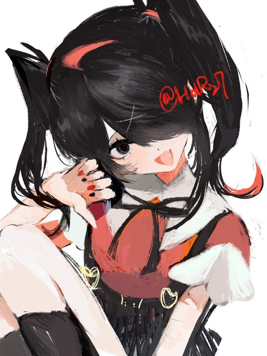 1girl, :d, ame-chan_(needy_girl_overdose), black_eyes, black_hair, black_nails, black_ribbon, black_skirt, black_thighhighs, commentary, fang, hair_ornament, hair_over_one_eye, highres, long_hair, multicolored_nails, nail_polish, naishukketsukata, neck_ribbon, needy_girl_overdose, red_nails, red_shirt, ribbon, shirt, simple_background, skin_fang, skirt, smile, solo, suspender_skirt, suspenders, symbol-only_commentary, thigh-highs, thumbs_down, twintails, twitter_username, white_background, x_hair_ornament
