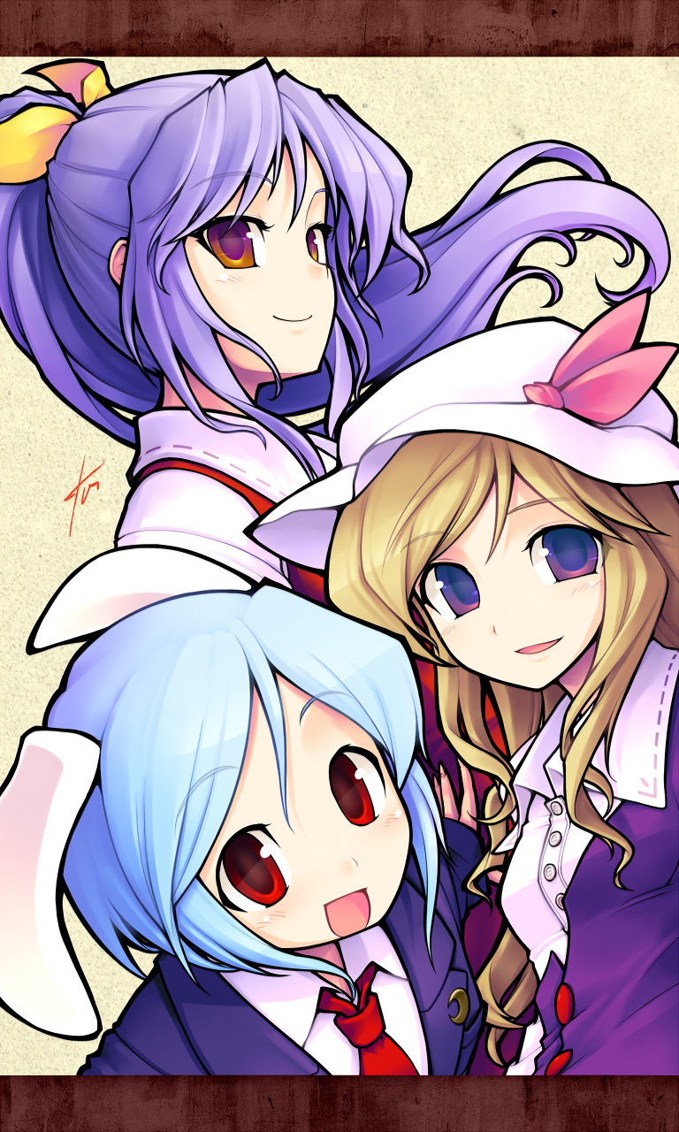 animal_ears, blonde_hair, blue_hair, brown_eyes, bunny_ears, ebizome, hat, highres, multiple_girls, purple_eyes, purple_hair, red_eyes, reisen, smile, syslila, touhou, violet_eyes, watatsuki_no_toyohime, watatsuki_no_yorihime