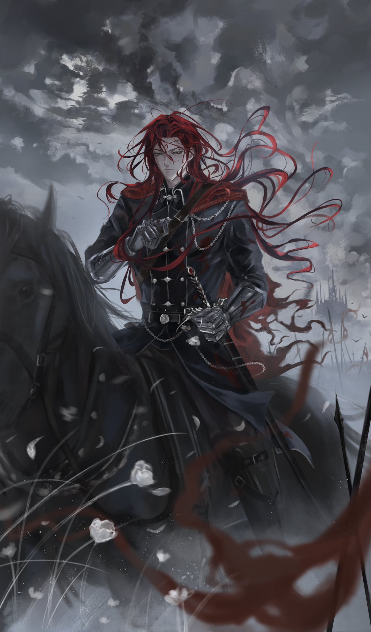 1boy, ajsaart, arm_guards, belt, black_shirt, castle, clouds, cloudy_sky, facial_mark, falling_petals, floating_hair, forehead_mark, grass, grey_sky, hashtag-only_commentary, high_collar, highres, holding, holding_shield, horseback_riding, long_hair, lord_of_the_mysteries, male_focus, medici_(lord_of_the_mysteries), narrowed_eyes, outdoors, petals, red_hair, riding, serious, shield, shirt, sky, solo, very_long_hair