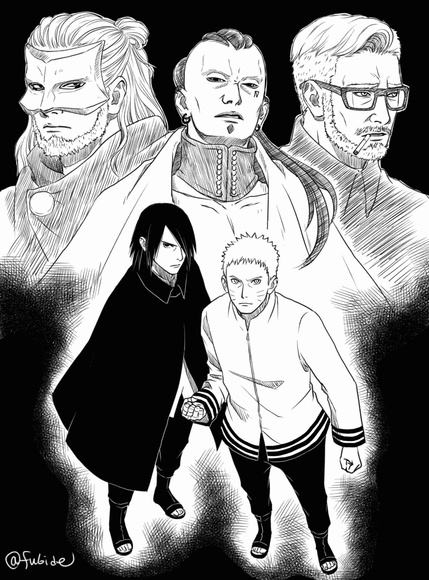 5boys, bandaged_hand, bandages, boruto:_naruto_next_generations, cigarette, clenched_hand, cloak, collared_cloak, earrings, facial_tattoo, glasses, greyscale, hatching_(texture), highres, jacket, jewelry, jigen_(naruto), kashin_koji_(boruto), male_focus, mask, matsu_(fu6ide2), monochrome, multiple_boys, naruto_(series), number_tattoo, open-toe_boots, ponytail, sanzu_amado, serious, smoking, tattoo, twitter_username, uchiha_sasuke, uzumaki_naruto