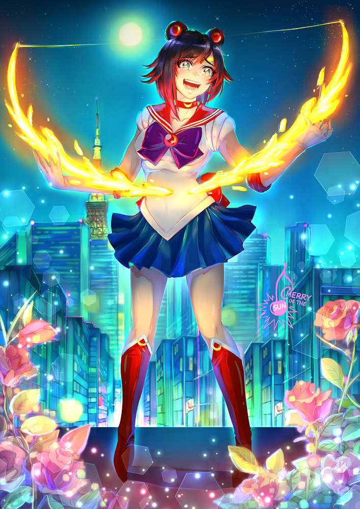 1girl, artist_logo, bishoujo_senshi_sailor_moon, black_hair, blue_skirt, boots, bow, bowtie