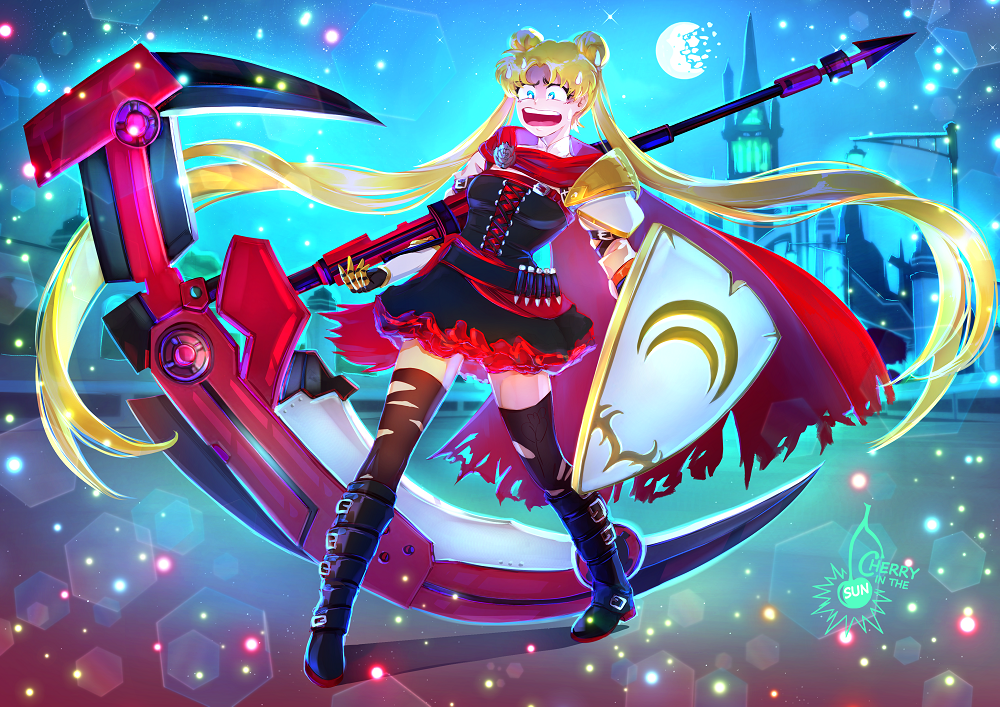 1girl, artist_logo, bishoujo_senshi_sailor_moon, black_boots, black_corset, black_thighhighs, blonde_hair, boots