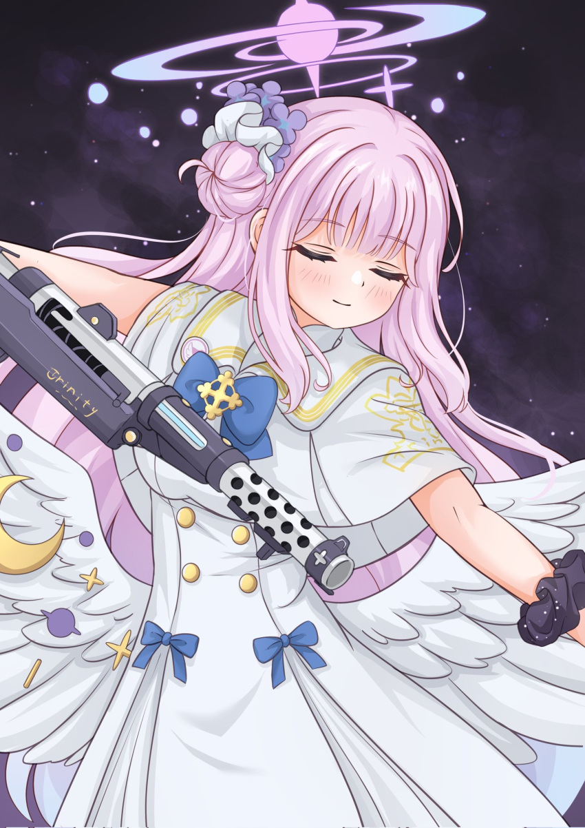 1girl, angel_wings, blue_archive, blue_bow, bow, breasts, buttons, capelet