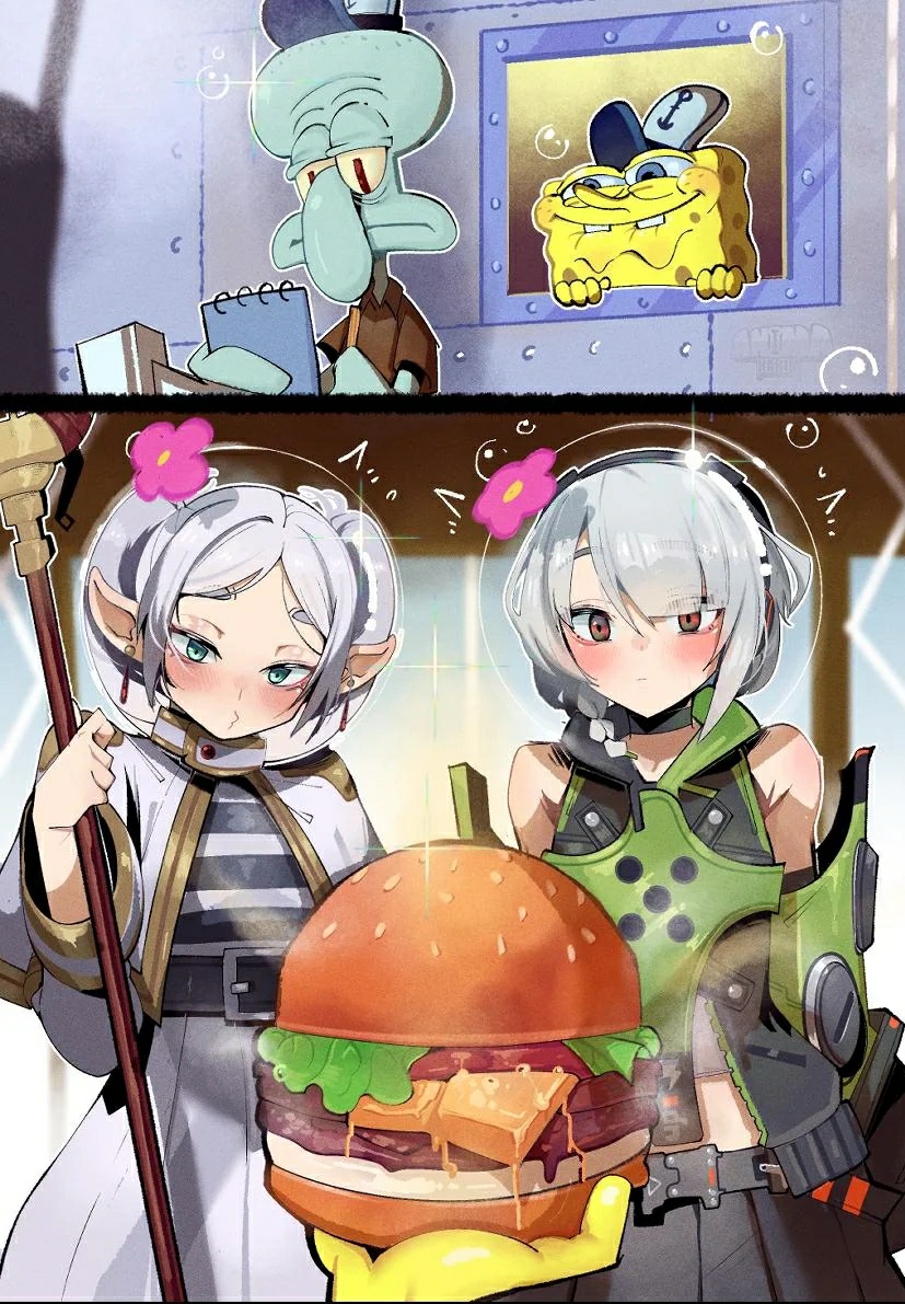 anby_demara, burger, frieren, hamburger, krabby_patty, krusty_krab, long_hair, multiple_boys
