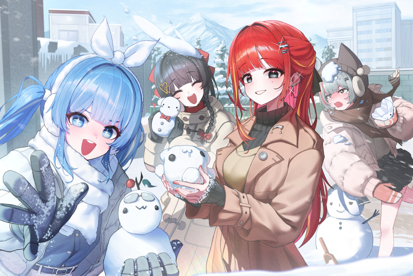 4girls, absurdres, akane_lize, alternate_costume, animal_ear_headwear, arahashi_tabi, beanie, belt