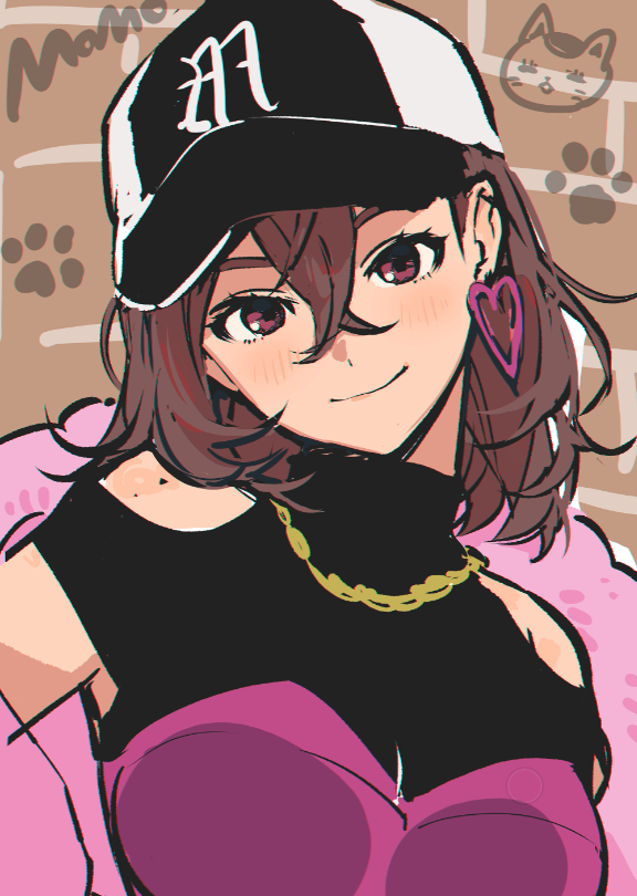 1girl, alternate_costume, ayase_momo, baseball_cap, black_shirt, breasts, brown_background, brown_eyes