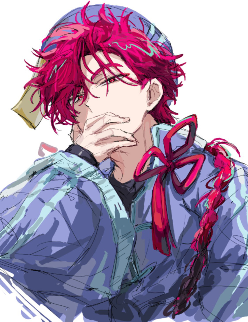 1boy, alternate_costume, black_shirt, blue_hat, blue_jacket, braid, braided_ponytail, chinese_clothes