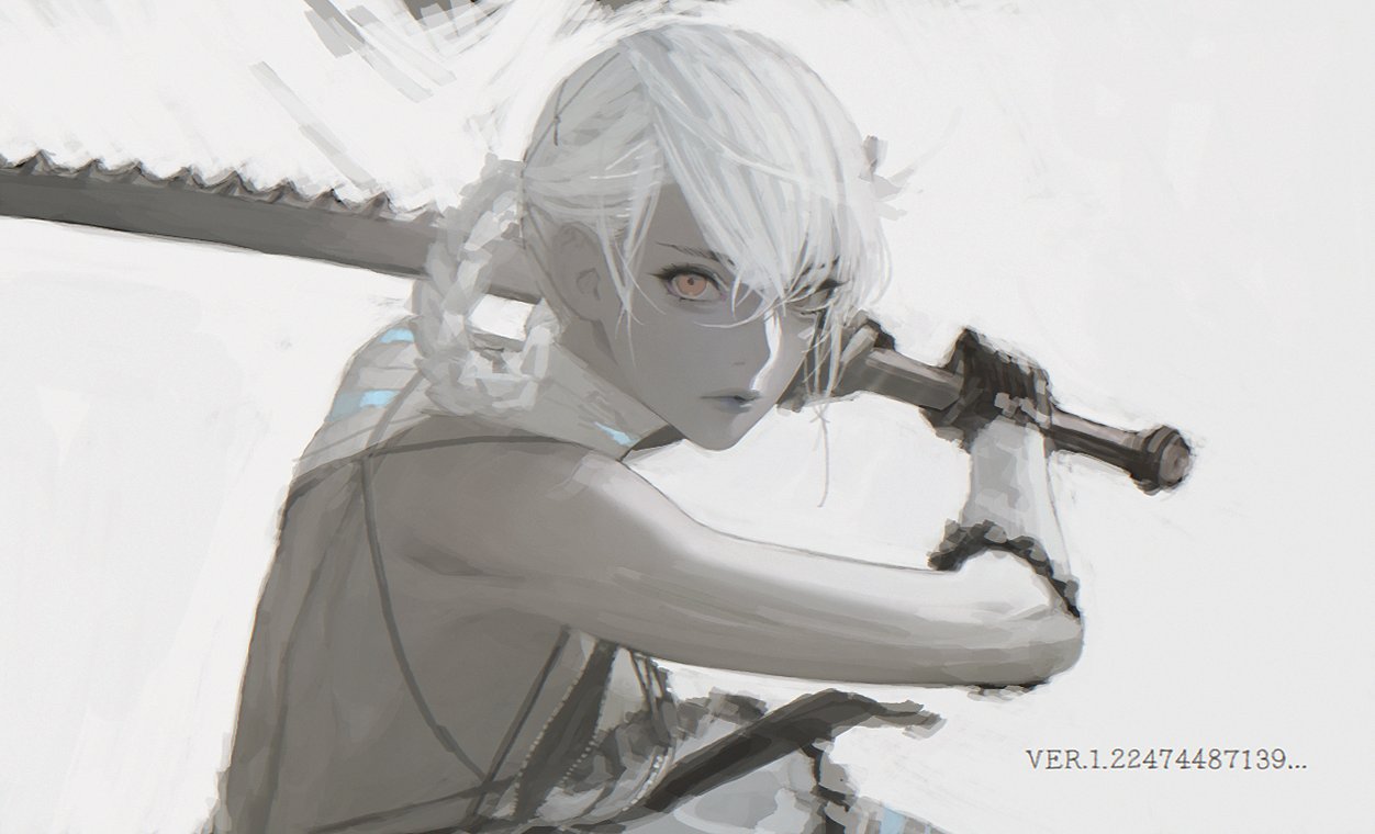 1girl, backless_outfit, bandaged_arm, bandaged_neck, bandages, black_gloves, braid, braided_hair_rings, breasts, brown_eyes, closed_mouth, d.k, fighting_stance, gloves, hair_between_eyes, hair_rings, holding, holding_sword, holding_weapon, kaine_(nier), looking_at_viewer, medium_breasts, negligee, nier_(series), serrated_blade, simple_background, solo, sword, weapon, white_hair
