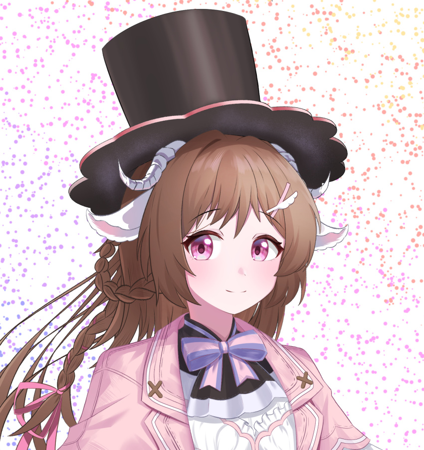 1girl, animal_ears, arknights, black_hat, bow, bowtie, braid, brown_hair