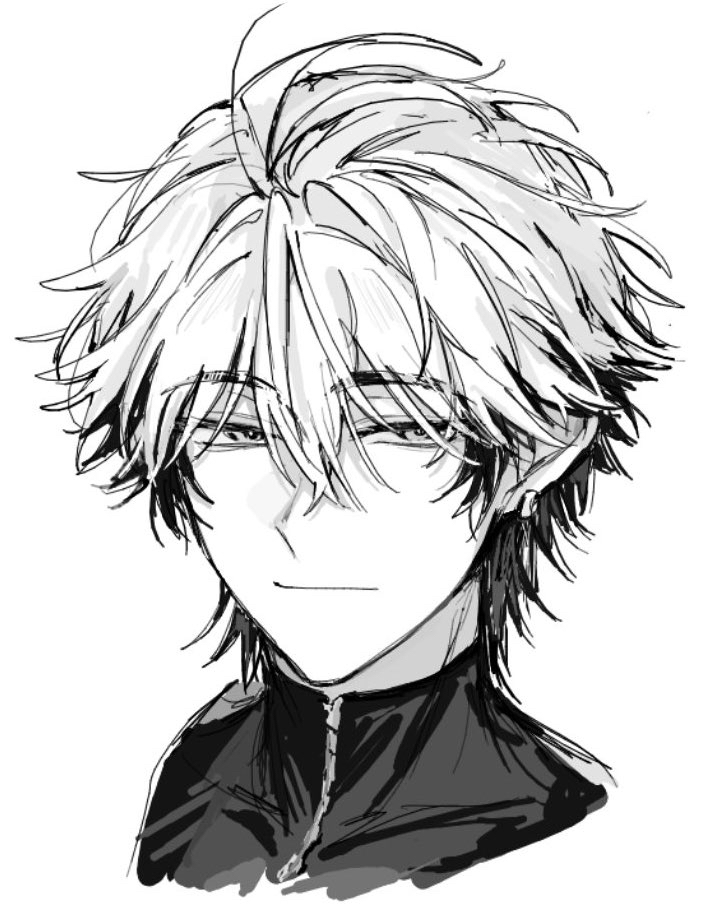 1boy, ahoge, closed_mouth, earrings, greyscale, hair_between_eyes, half-closed_eyes, jewelry