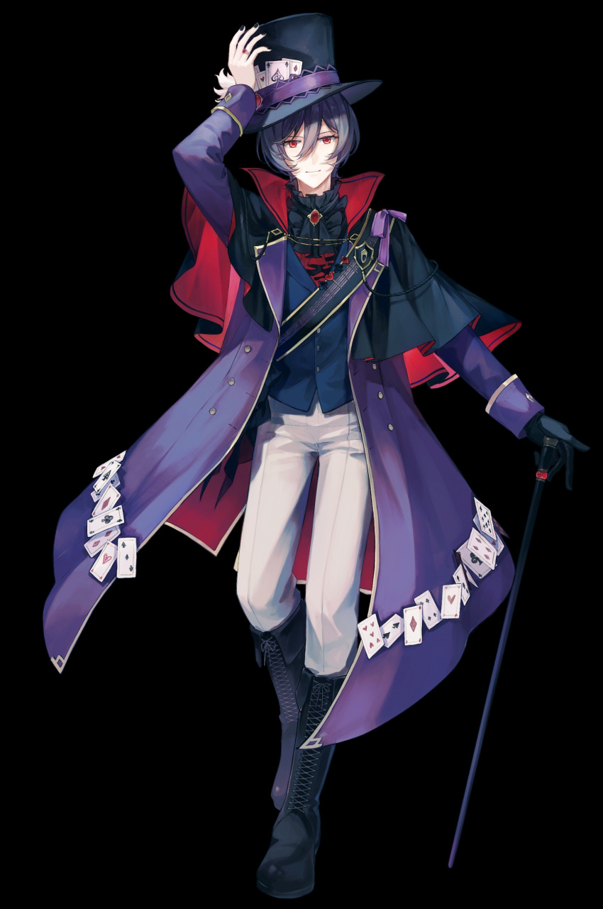 1boy, absurdres, arcaea, arm_up, ascot, black_ascot, black_background, black_boots