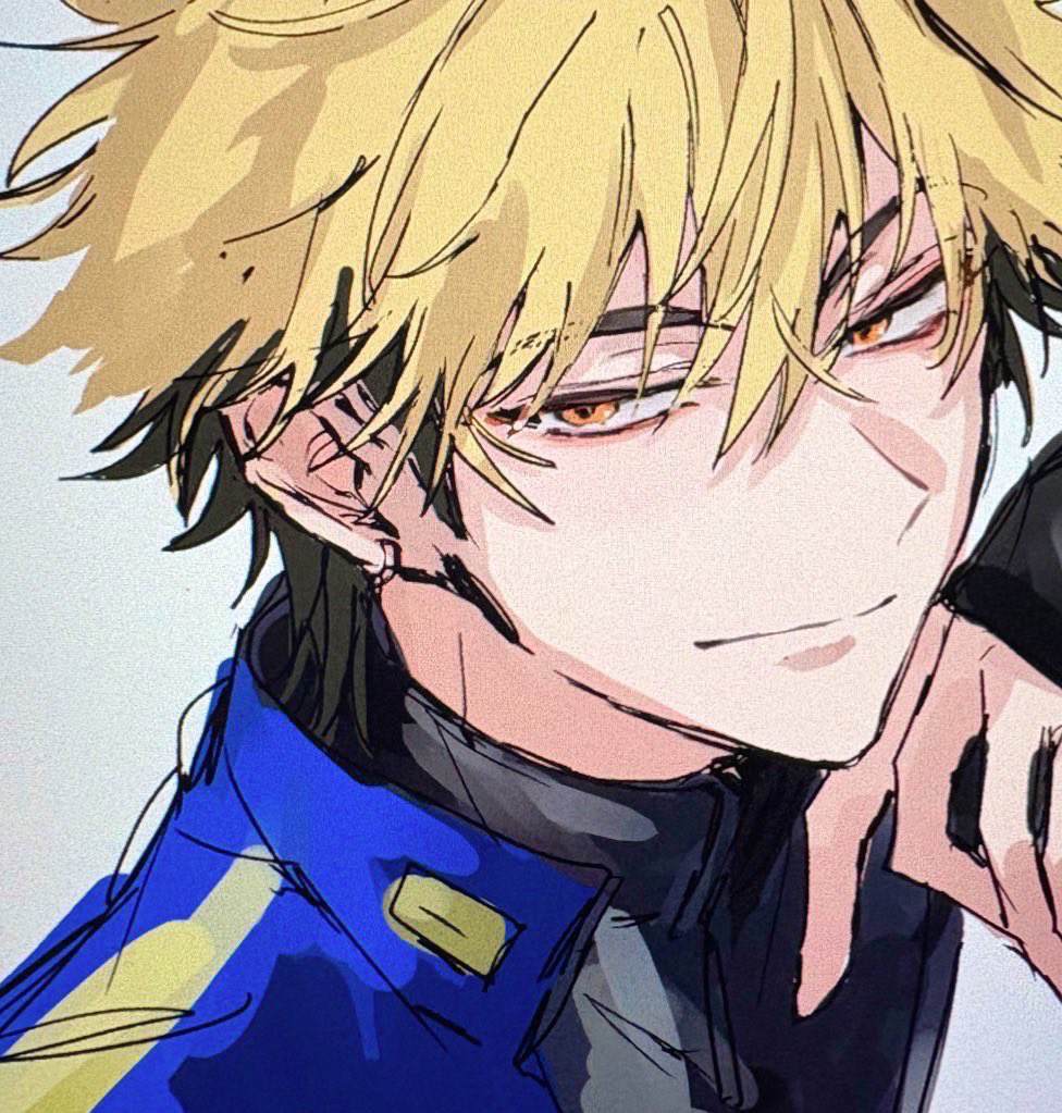1boy, black_hair, black_shirt, blonde_hair, blue_jacket, closed_mouth, commentary_request, earrings