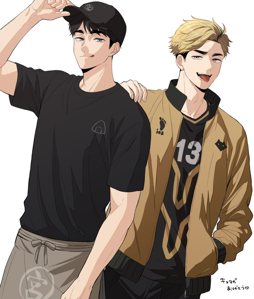 2boys, :q, adjusting_clothes, adjusting_headwear, aged_up, apron, baseball_cap, black_hair
