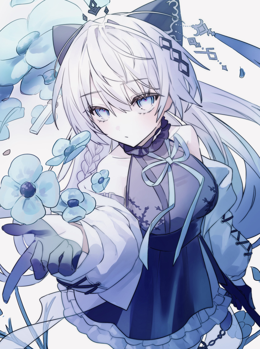 1girl, arcaea, bare_shoulders, black_bow, black_dress, black_gloves, blue_eyes, blue_flower, blue_ribbon, bow, braid, breasts, closed_mouth, collarbone, commentary, cowboy_shot, cross-laced_clothes, cross-laced_sleeves, dress, flower, frilled_dress, frills, gloves, hair_between_eyes, hair_bow, hair_intakes, half_gloves, highres, jacket, long_hair, long_sleeves, looking_at_viewer, medium_breasts, neck_ribbon, open_clothes, open_jacket, pia_nano, ribbon, sleeveless, sleeveless_dress, solo, standing, very_long_hair, white_background, white_hair, white_jacket