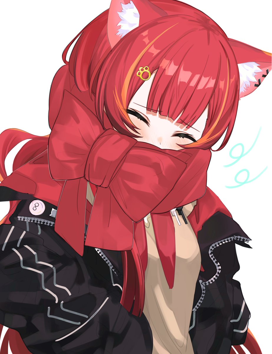 1girl, animal_ear_fluff, animal_ears, black_jacket, bow, brown_cardigan, cardigan, cat_ears, cat_girl, center-flap_bangs, closed_eyes, covered_mouth, double-parted_bangs, ear_ornament, enpera, hair_ornament, hands_in_pockets, highres, jacket, kyu_kyoo, long_hair, multicolored_hair, neckerchief, nekota_tsuna, nekota_tsuna_(4th_costume), object_in_pocket, open_clothes, open_jacket, orange_hair, paw_hair_ornament, pen, pen_in_pocket, pocket, red_bow, red_hair, red_jacket, red_neckerchief, scarf, scarf_over_mouth, school_uniform, simple_background, solo, streaked_hair, two-sided_fabric, two-sided_jacket, two-tone_hair, upper_body, virtual_youtuber, vspo!, white_background