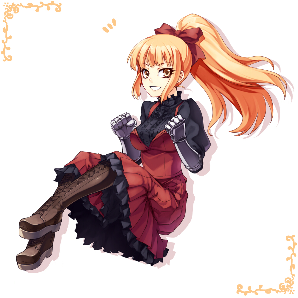 blonde_hair, boots, bow, character_request, cross-laced_footwear, dress, gauntlets, grin, hair_bow, knee_boots, long_hair, orange_eyes, orange_hair, original, ponytail, smile, tsuki_to_kage, tsuki_tokage, yellow_eyes