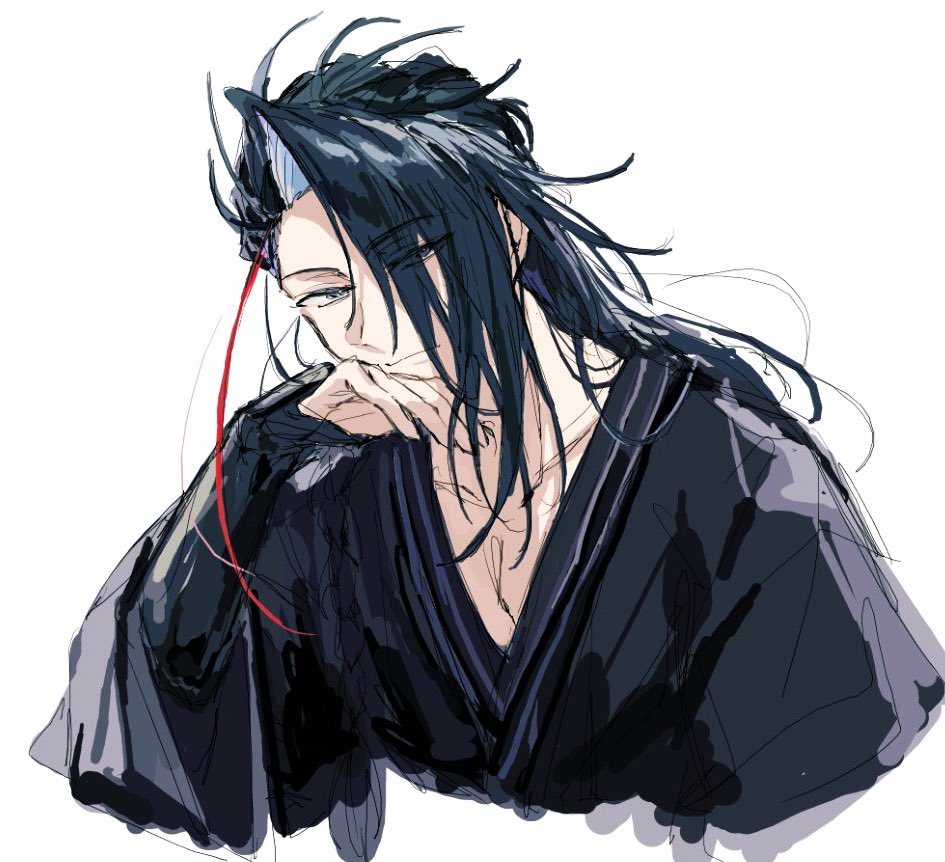 1boy, black_hair, black_kimono, closed_mouth, eyes_visible_through_hair, fate/grand_order, fate_(series), hair_over_one_eye