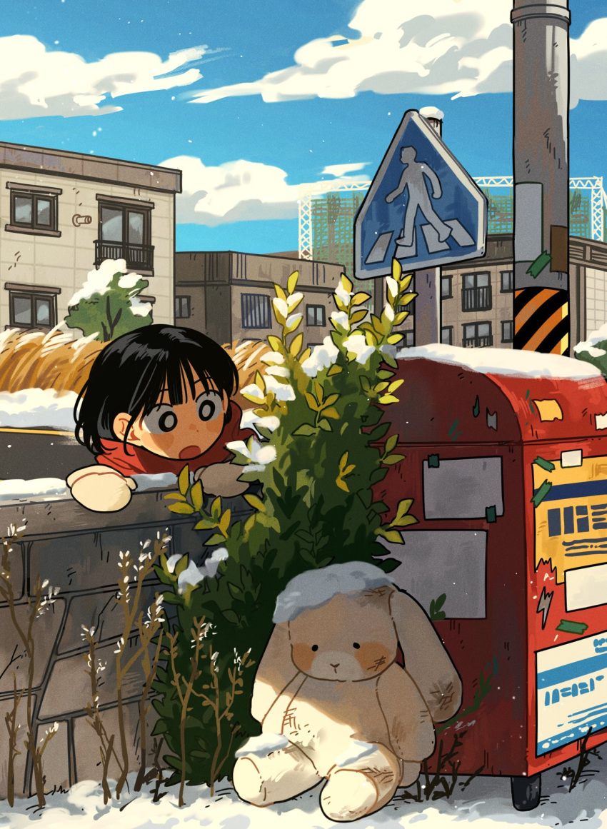 1girl, black_eyes, black_hair, blue_sky, blush, clouds, cloudy_sky, crosswalk_sign