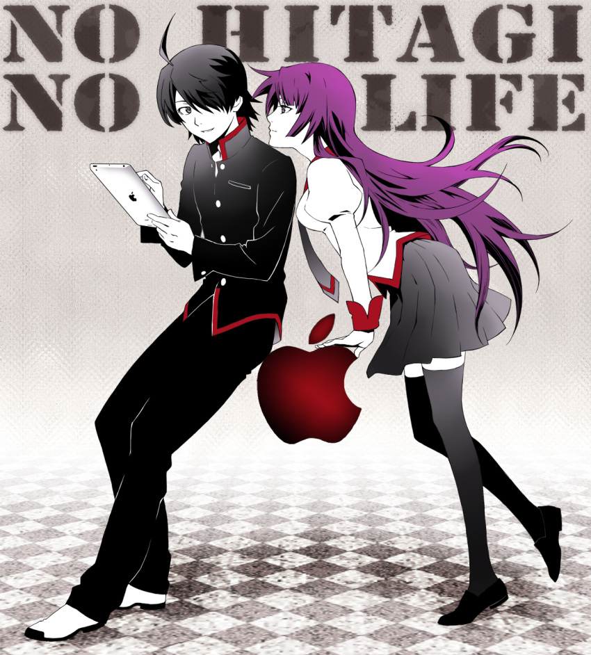 apple, apple_inc., araragi_koyomi, bakemonogatari, black_hair, black_legwear, food, fruit