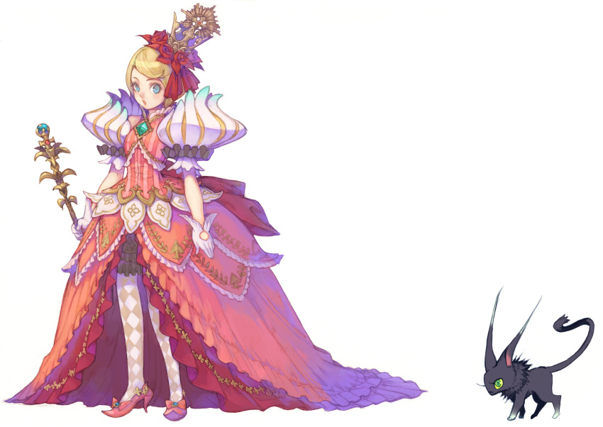 absurdres, aqua_eyes, avalon_code, blonde_hair, cane, checkered, checkered_legwear, crown