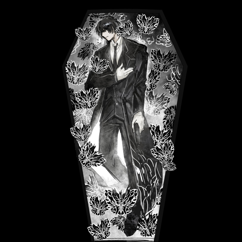 1boy, black_butterfly, black_coat, black_hair, black_necktie, black_vest, bug, butterfly