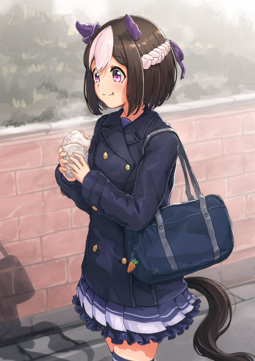 1girl, animal_ears, bag, bag_charm, blue_bag, blue_coat, bow, brown_hair