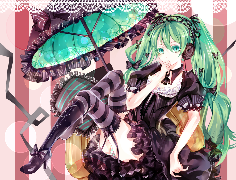 boots, bow, collar, cushion, dress, garter_straps, green_eyes, green_hair
