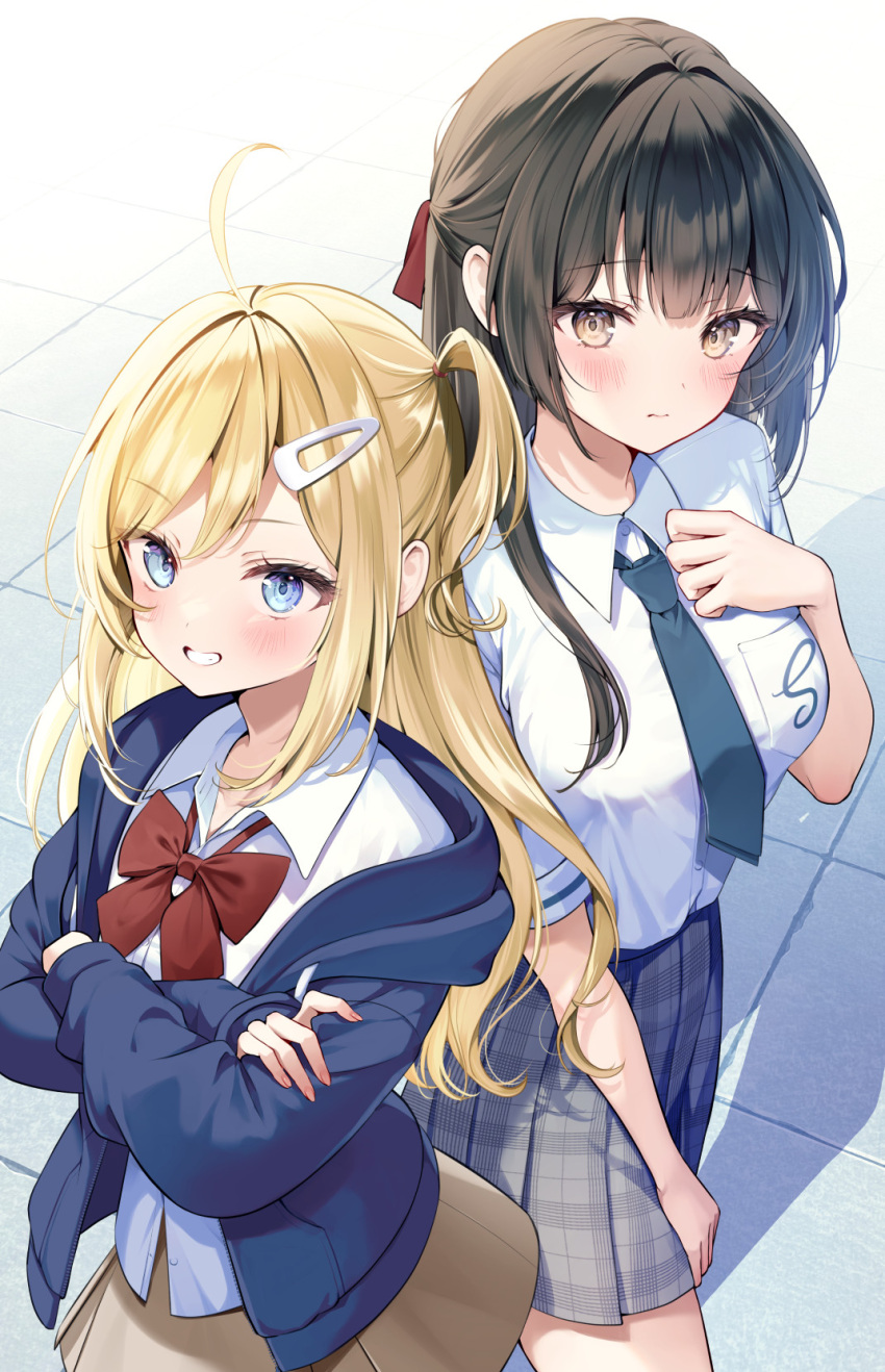 2girls, ahoge, black_hair, blonde_hair, blue_eyes, blue_jacket, blue_necktie, bow