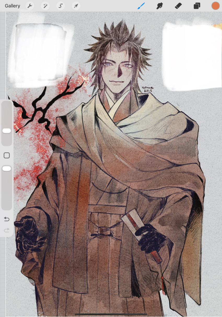 1boy, alternate_costume, art_program_in_frame, artist_name, black_gloves, black_hair, branch, closed_mouth